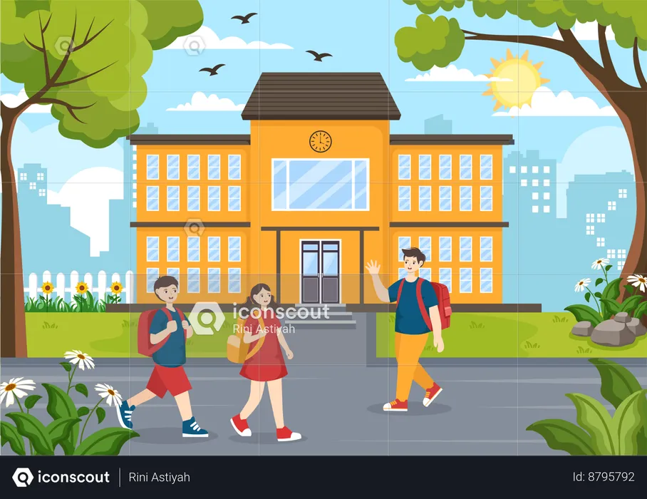 Boy say bye to friends and Leave School Building After Class  Illustration