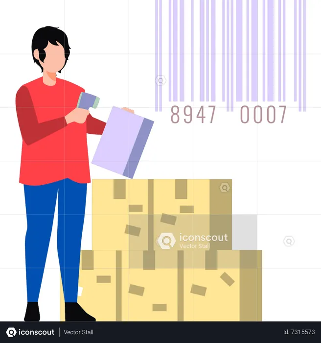 Boy scanning parcel barcode  Illustration