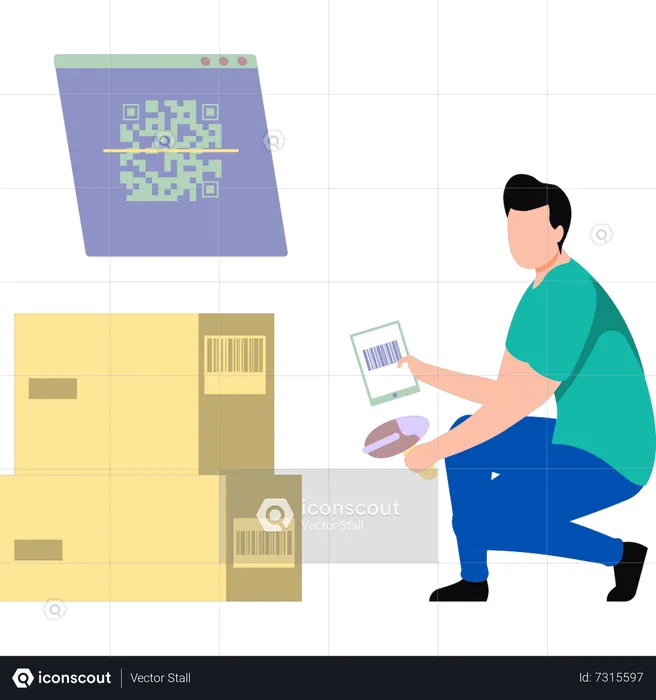 Boy scanning product barcodes  Illustration