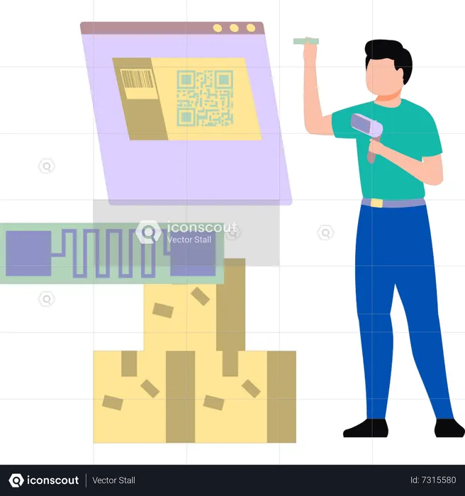 Boy scanning products with barcode scanner  Illustration