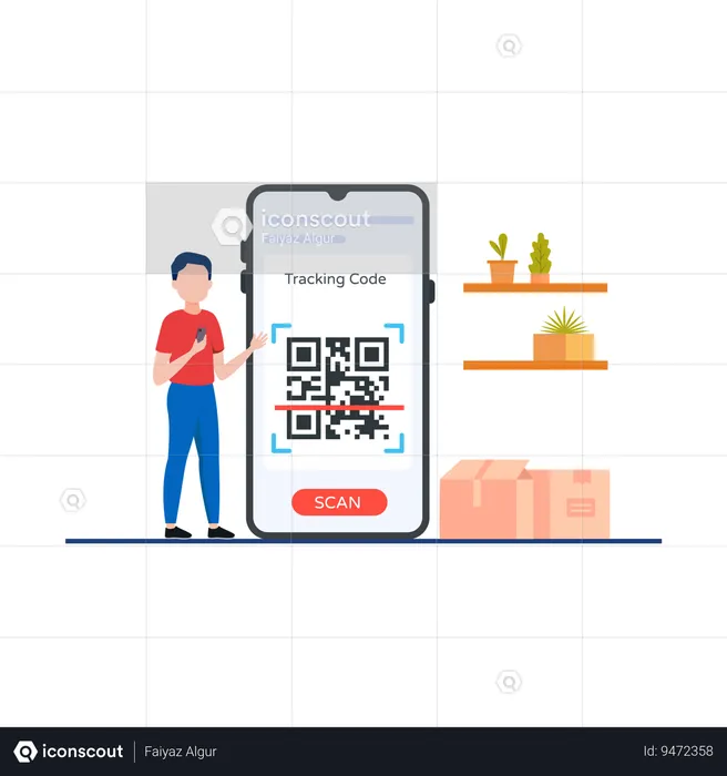 Boy Scanning Qr code using mobile phone  Illustration