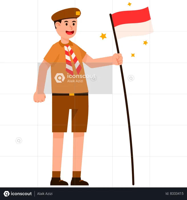 Boy Scout en uniforme con bandera de Indonesia  Ilustración