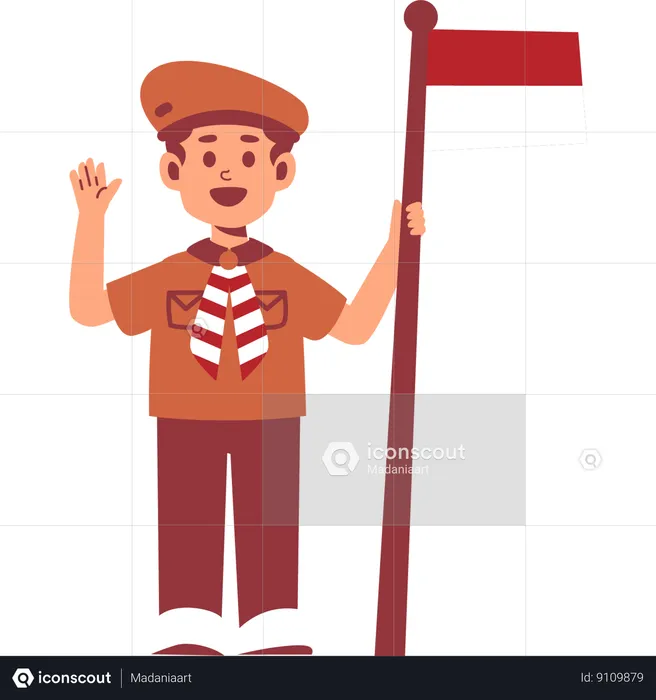 Boy Scout holding flag while waving hand  Illustration