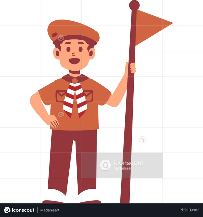 Boy Scout standing while holding flag  Illustration