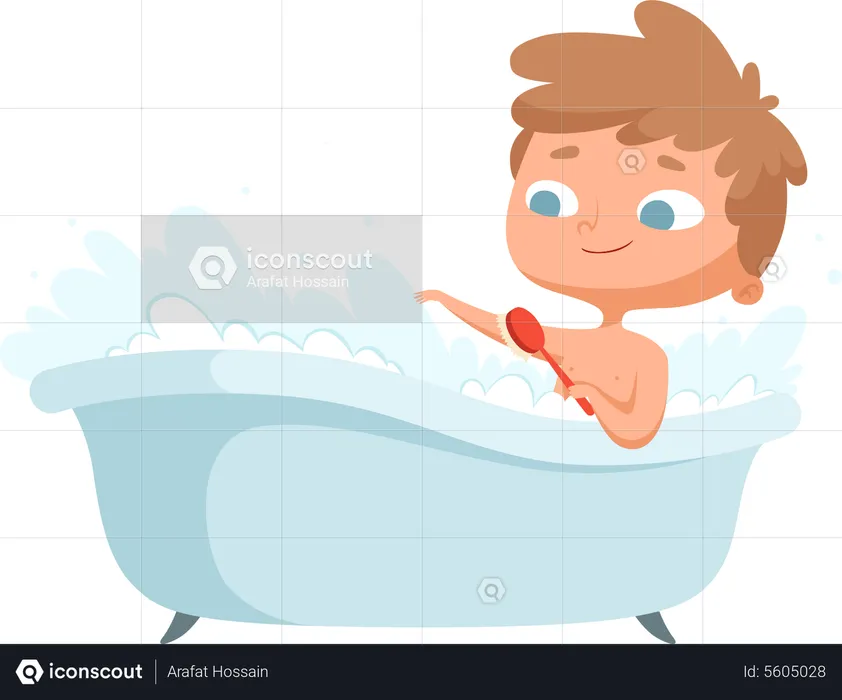 Boy scrubbing body in morning  Illustration