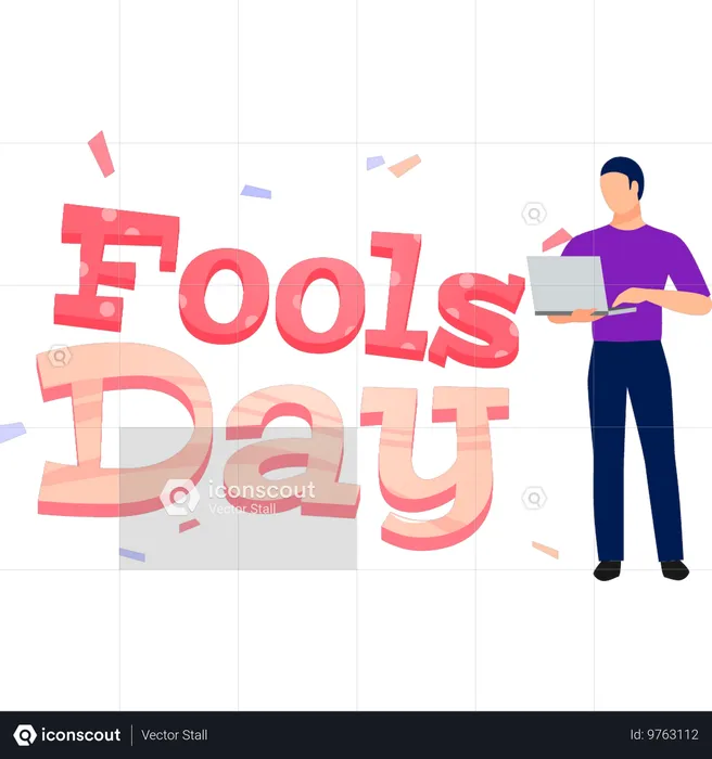 Boy searching about fools day on laptop  Illustration