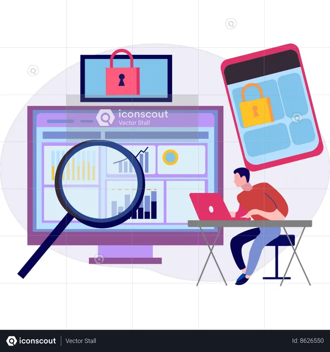 Boy searching business graph on laptop  Illustration