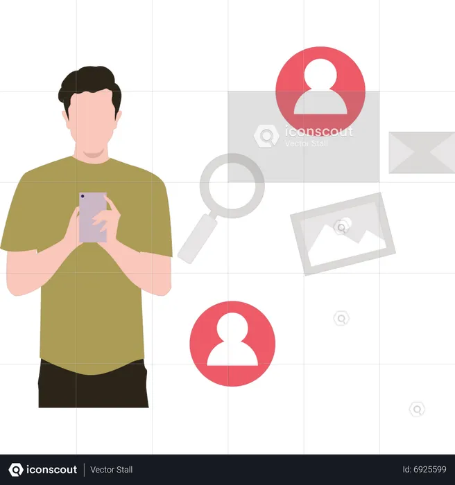 Boy searching contacts on mobile  Illustration