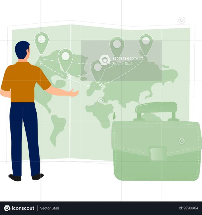 Boy seeing arrivals map and locations  Illustration