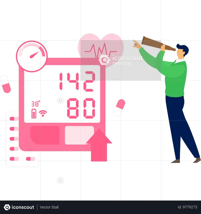 망원경으로 고혈압 카운터 기계를 보는 소년  일러스트레이션