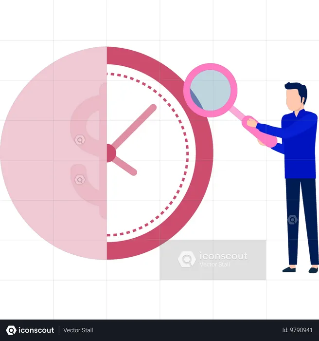 Boy seeing the clock and money together using magnifier  Illustration