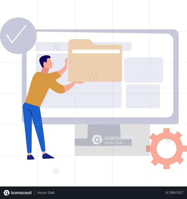 Boy setting folder on monitor  Illustration