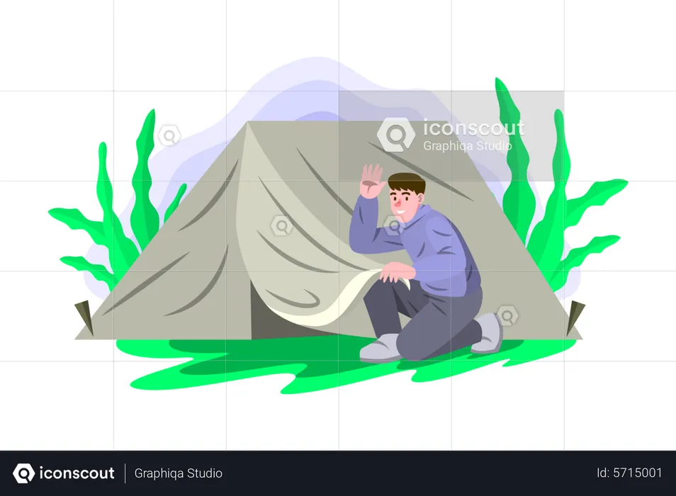 Boy setting up tent for camping  Illustration