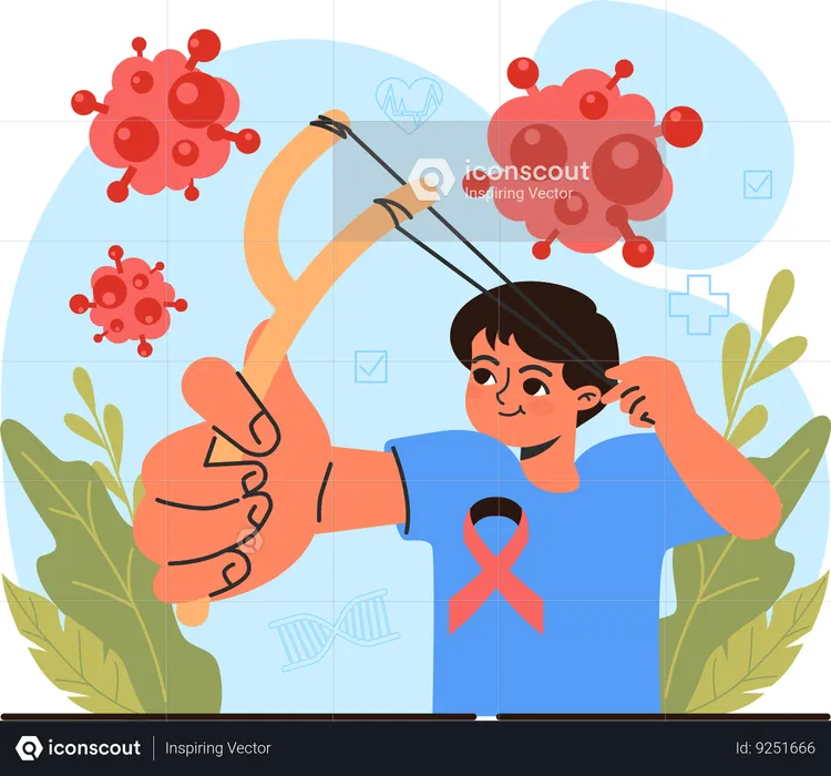 Boy shooting cancer cells with slingshot  Illustration