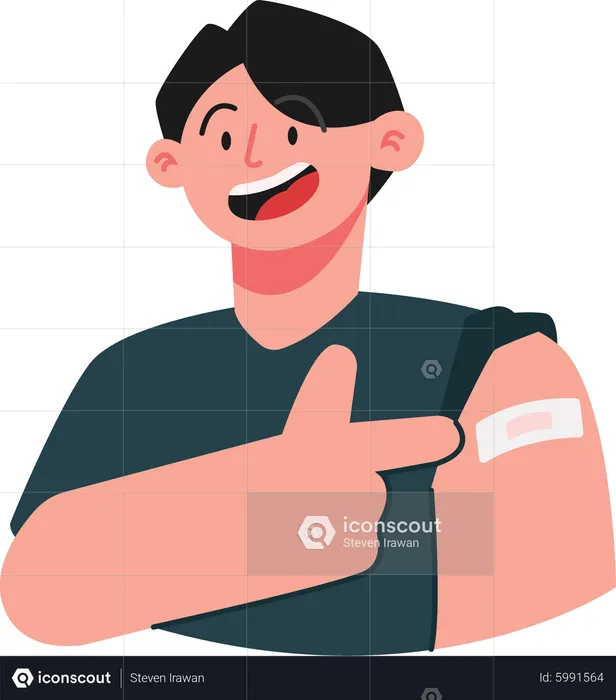 Boy showing bandage on arm after vaccination  Illustration