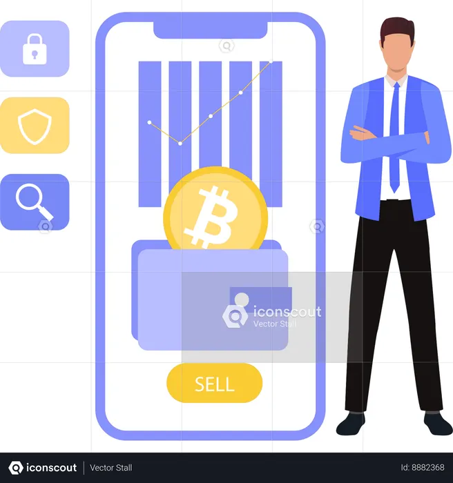 Boy showing bitcoin currency on mobile  Illustration