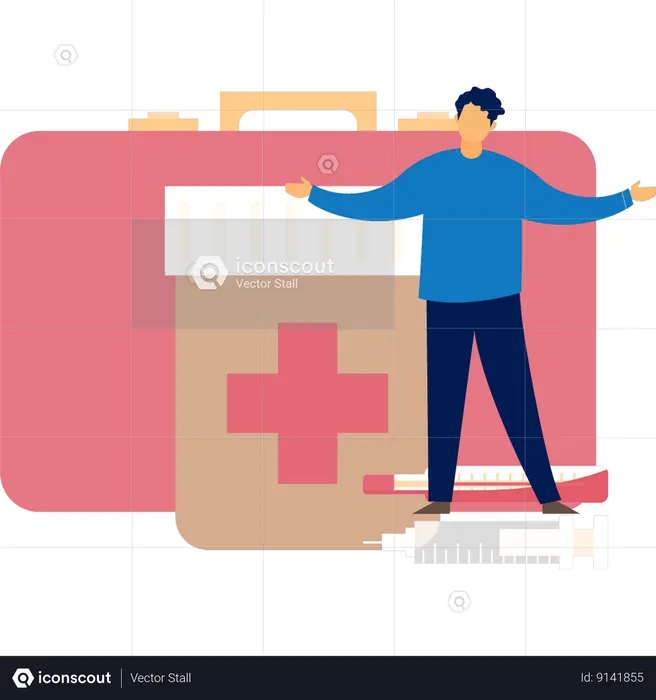 Boy Showing Emergency Kit  Illustration