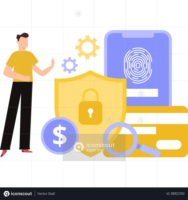 Boy showing fingerprint credit card protection  Illustration