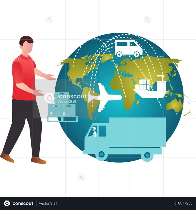 Boy showing global transportation  Illustration