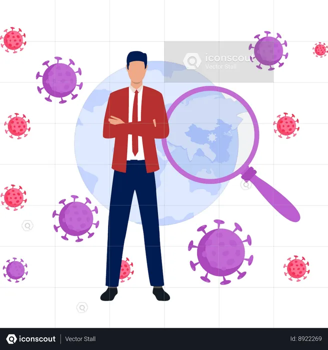 Boy showing global virus spread  Illustration