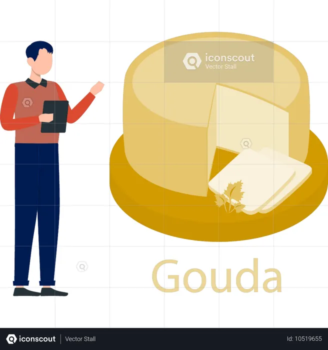 Boy showing gouda yellow cheese  Illustration