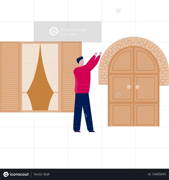 Boy showing house door  Illustration