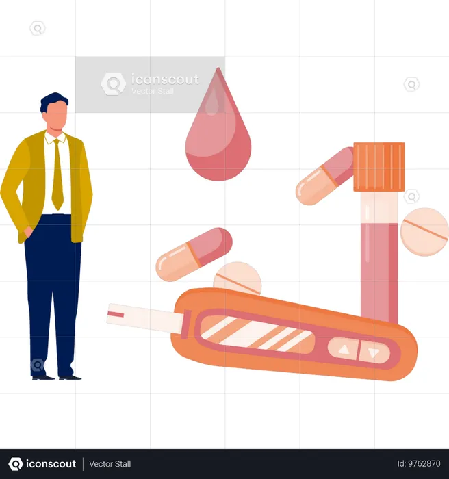 Boy showing medicines to recover sugar level  Illustration