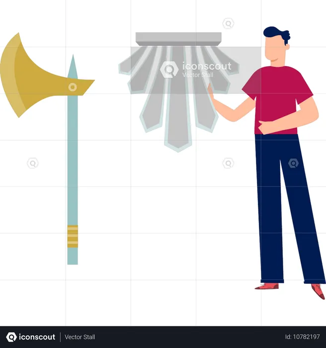 Boy showing metal axe  Illustration