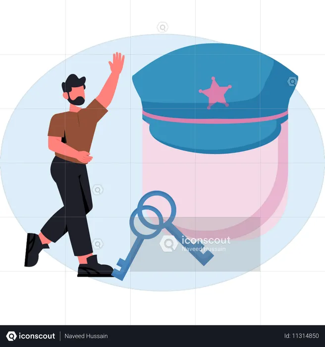 Boy showing police hat  Illustration