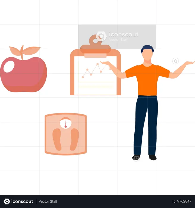 Boy showing ranking optimisation and diet food  Illustration