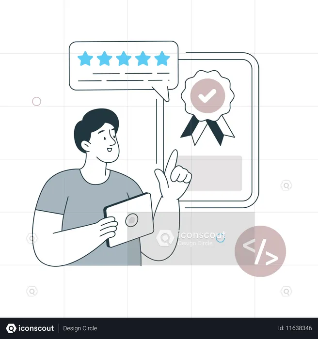 소프트웨어 리뷰를 보여주는 소년  일러스트레이션