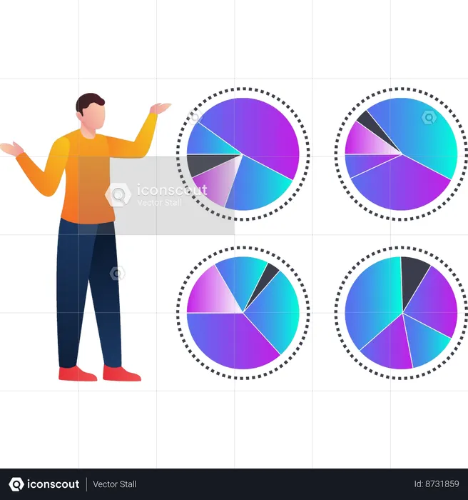 Boy showing various pie charts of analytics  Illustration