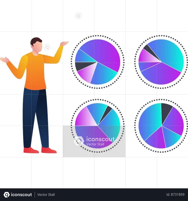 Boy showing various pie charts of analytics  Illustration