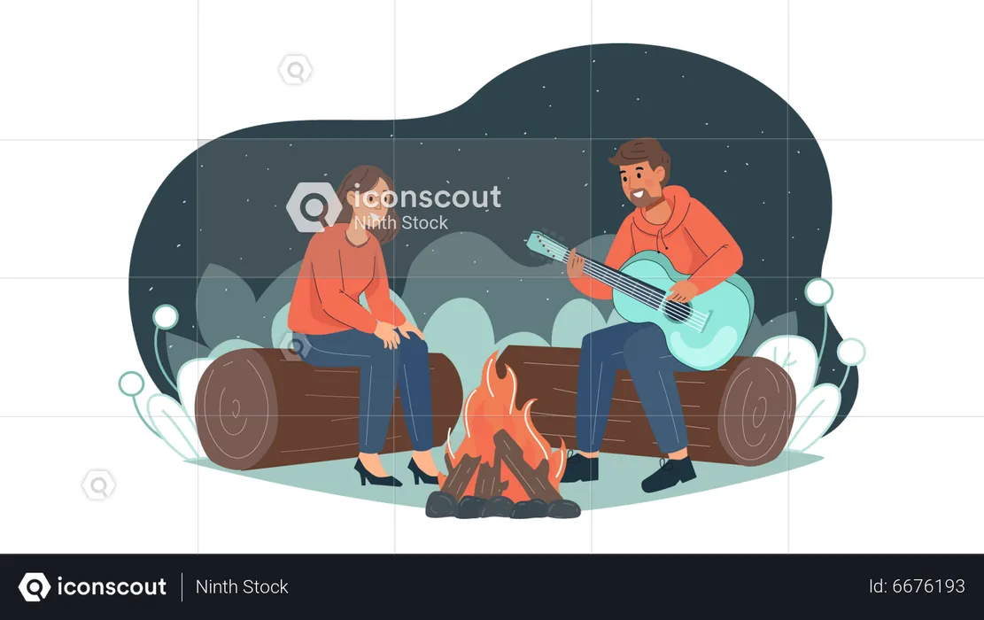 Boy singing for girl while camping  Illustration