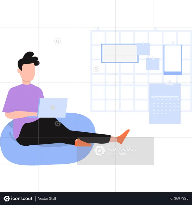 Boy sit on couch and working on his laptop  Illustration