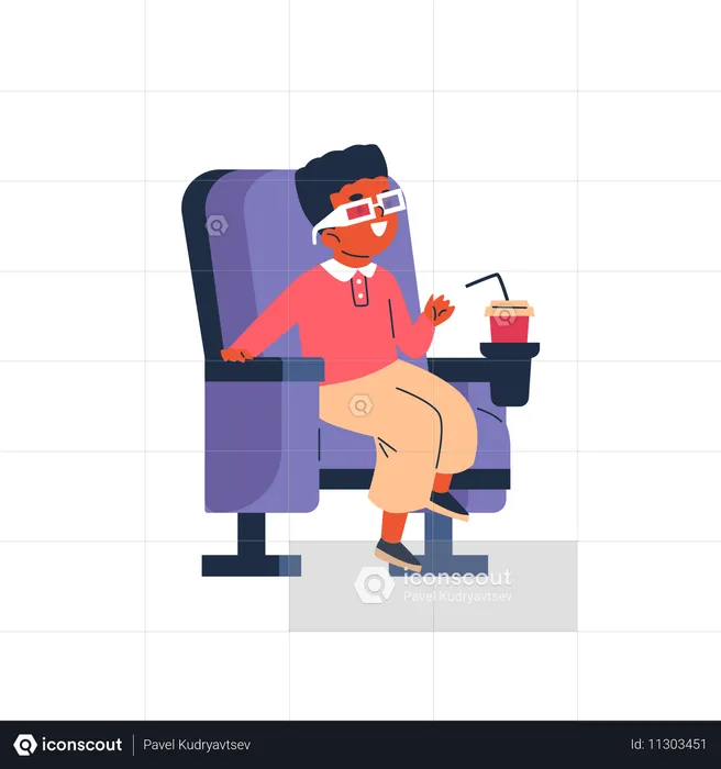 Boy sits in a chair in 3d glasses  Illustration