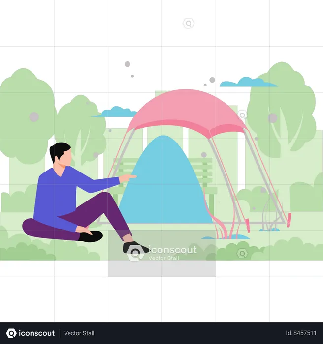 Boy sitting by camp  Illustration