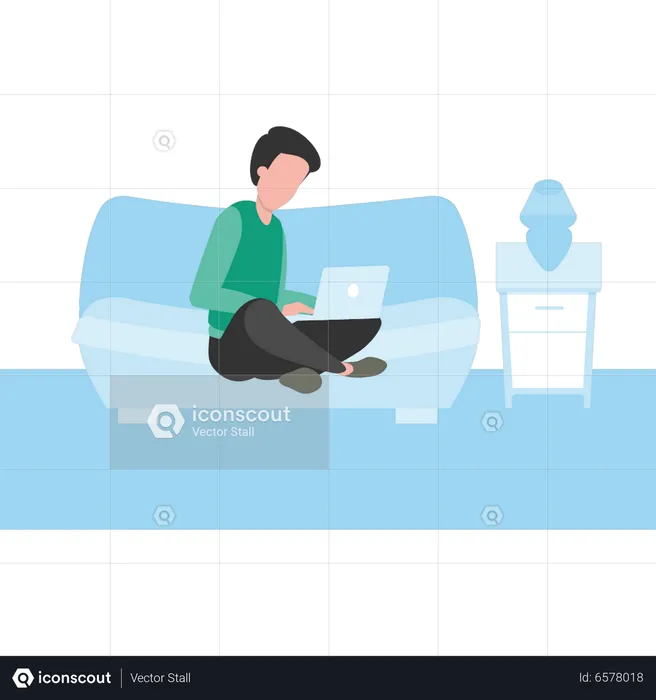 Boy sitting on bed using laptop  Illustration