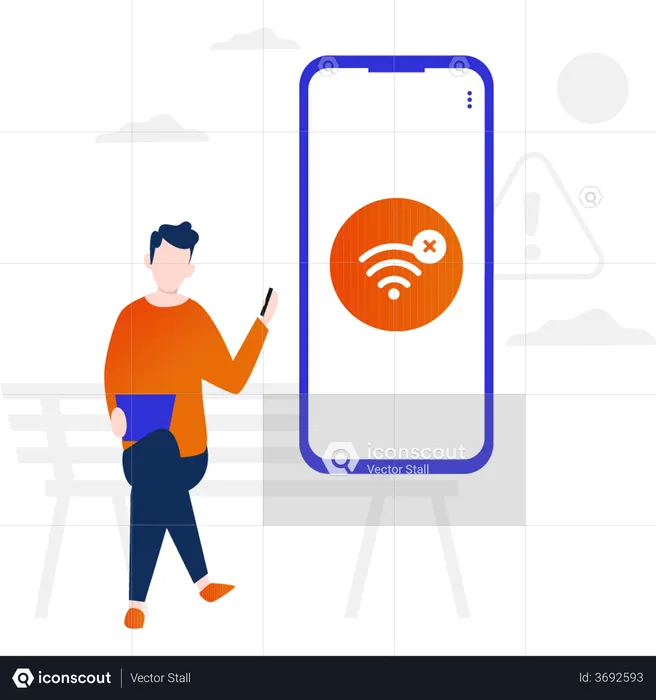 Boy sitting on bench with no WIFI connection  Illustration