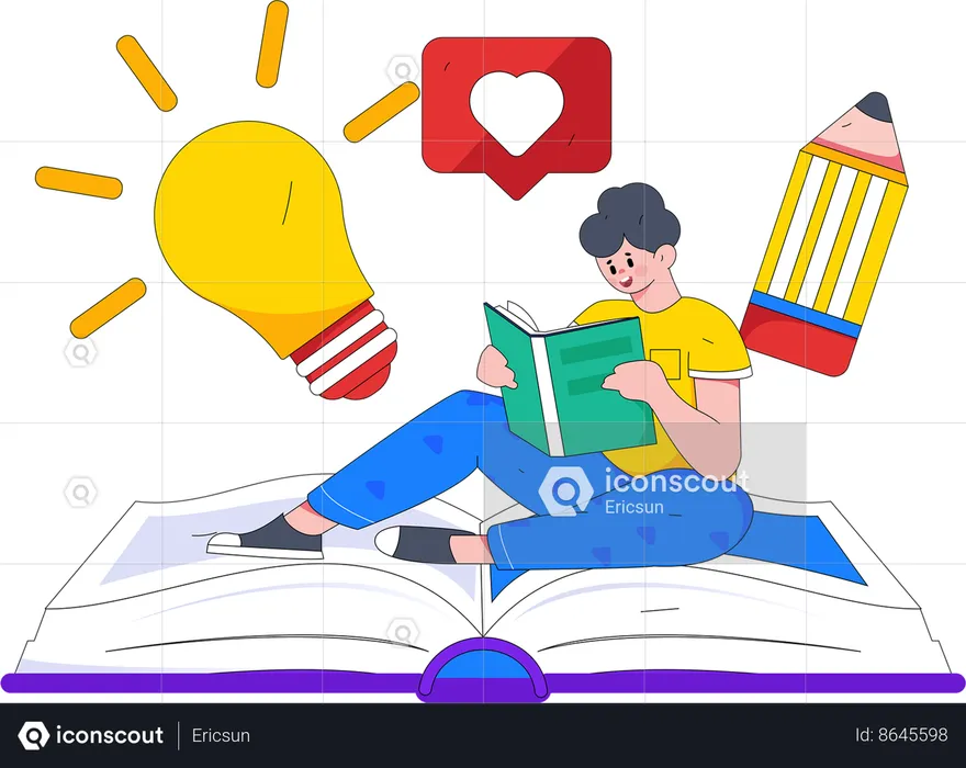 Boy sitting on book and preparing for examination  Illustration