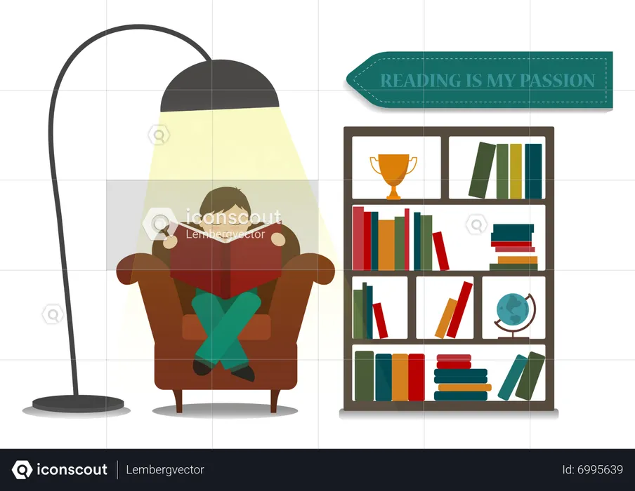 Boy sitting on chair and reading book  Illustration