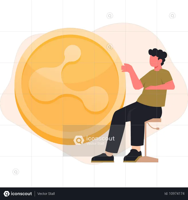 Boy sitting on chair pointing ripple coin  Illustration