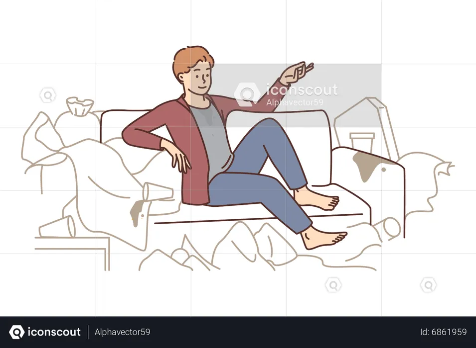 Boy sitting on dirty couch  Illustration