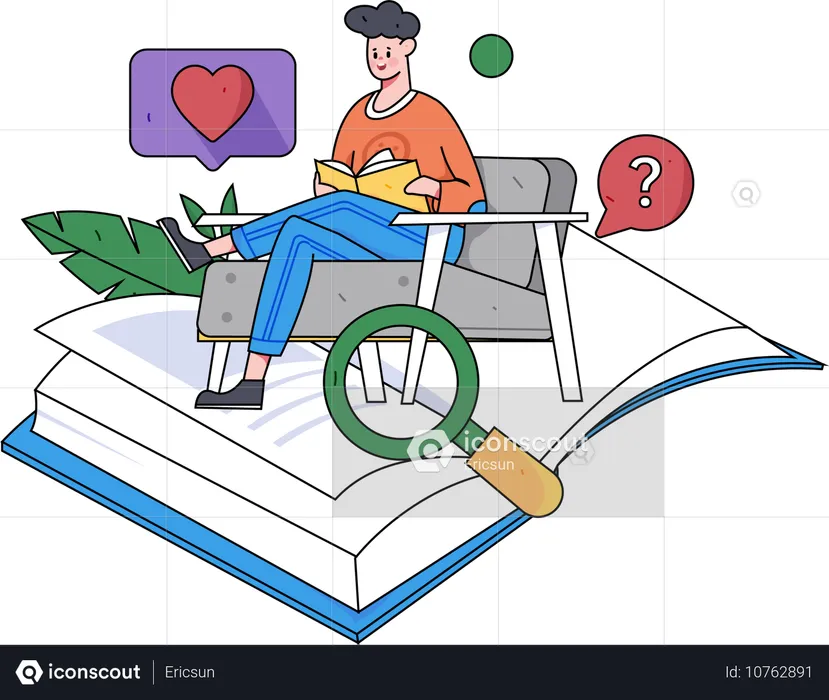 Boy sitting on sofa and reading books  Illustration