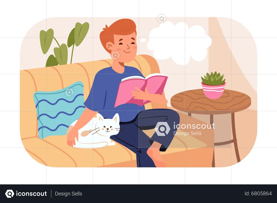 Boy sitting on sofa with cat and reading book  Illustration