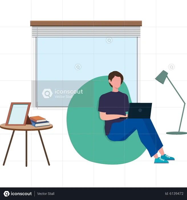 Boy sitting on sofa working on laptop  Illustration