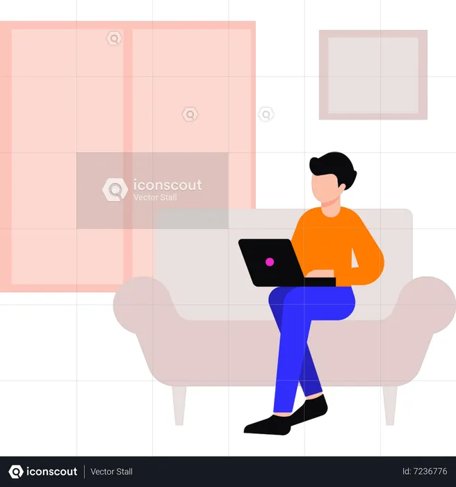 Boy sitting on sofa working on laptop  Illustration