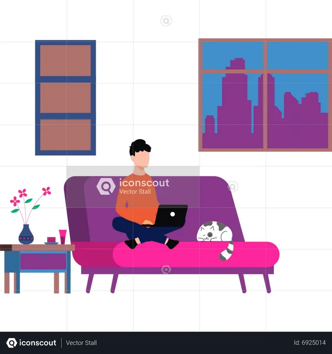 Boy sitting on sofa working online from home  Illustration