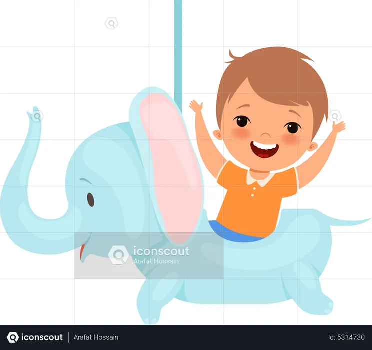 Boy sitting on toy elephant  Illustration