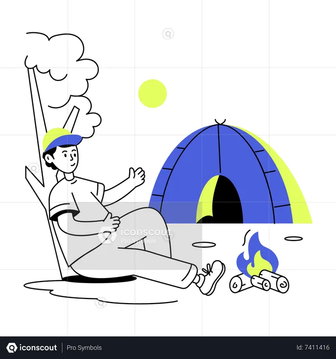 Boy sitting under tree at campsite  Illustration